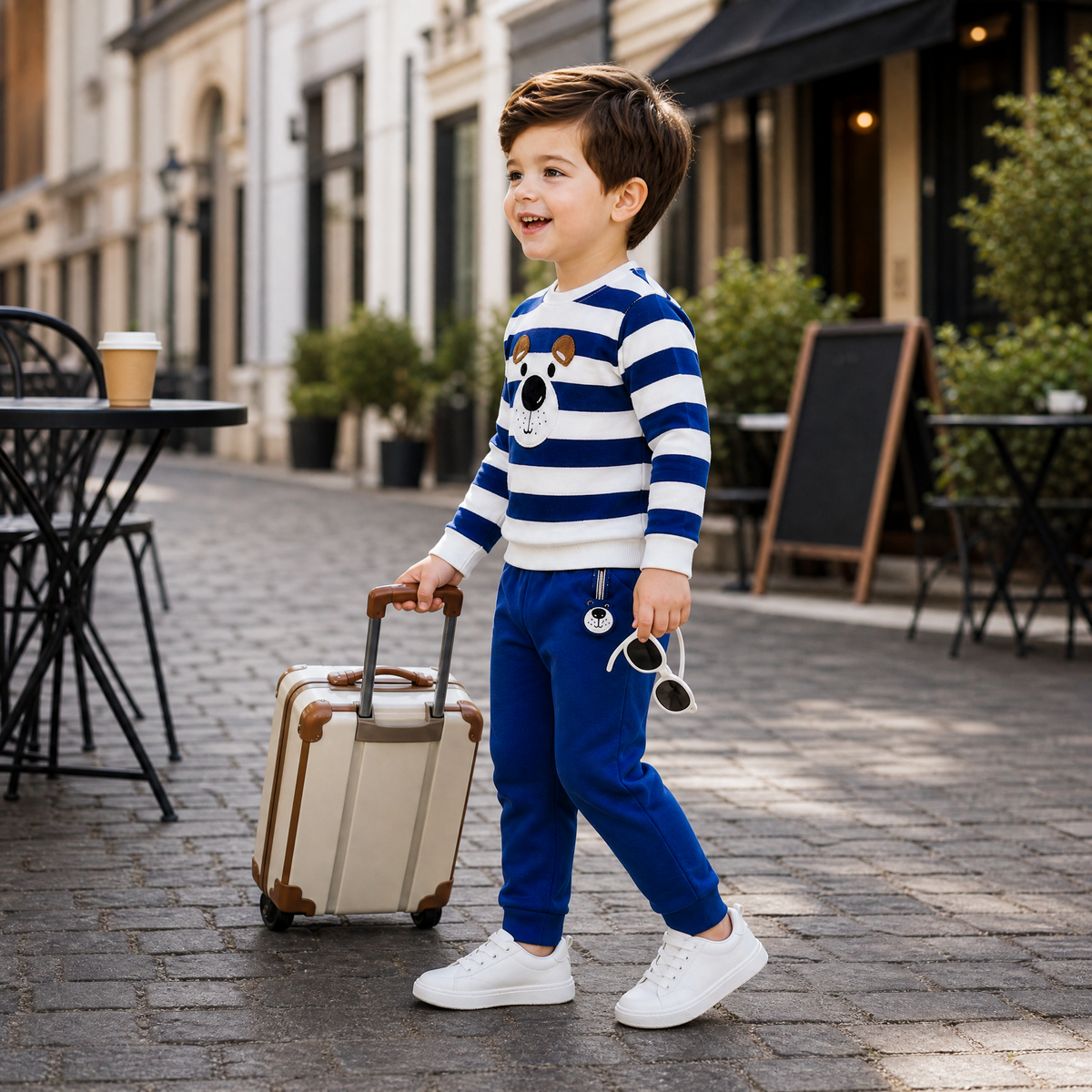 CHOO-CHOO-Kids Blue Striped Crewneck Top & Royal Blue Trousers Outfit Set