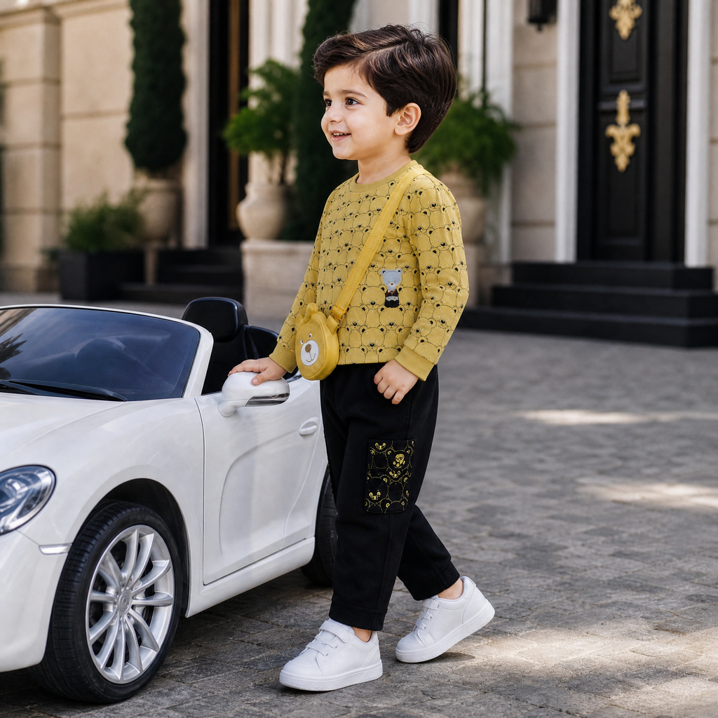 CHOO-CHOO-Kids Mustard Yellow Bear Top & Grey Trousers Co-Ord Set