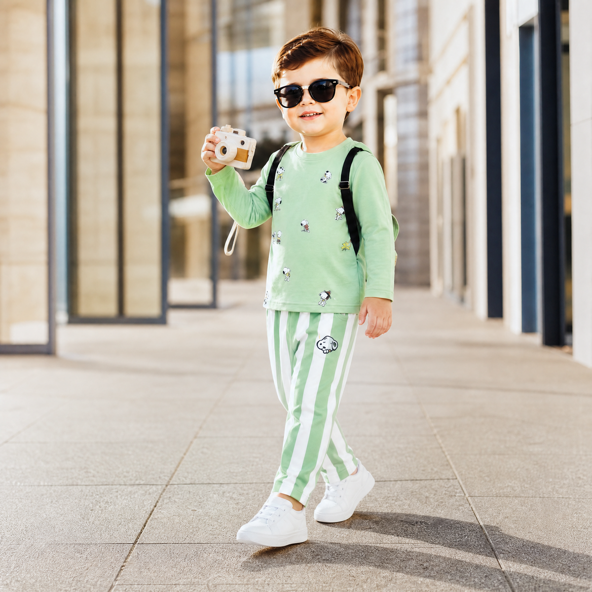CHOO-CHOO-Kids Sage Green Vertical Striped Co-Ord Outfit Set