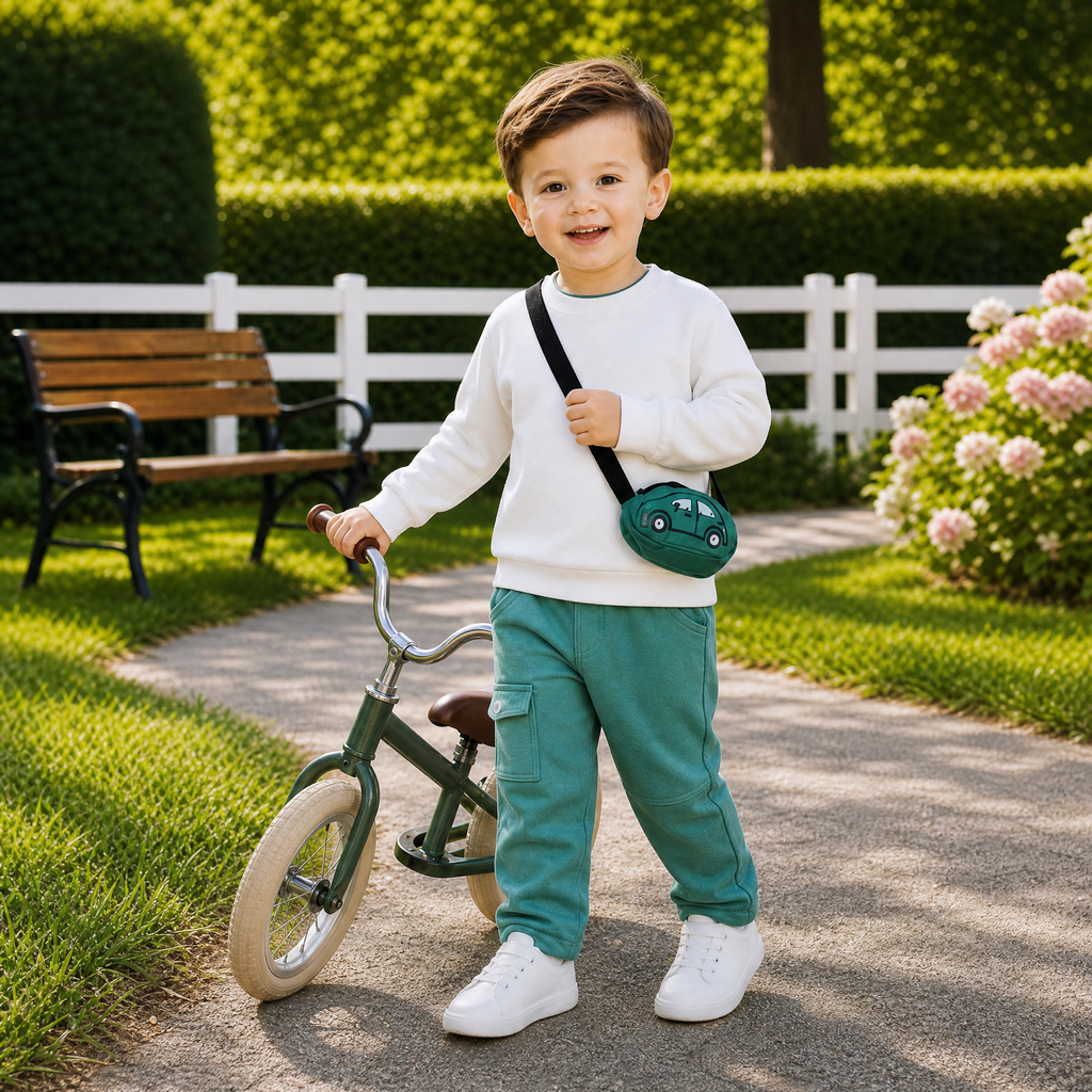 CHOO-CHOO-Kids White Printed Top & Teal Trousers Outfit Set