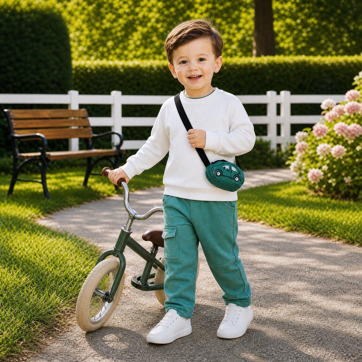 CHOO-CHOO-Kids White Printed Top & Teal Trousers Outfit Set