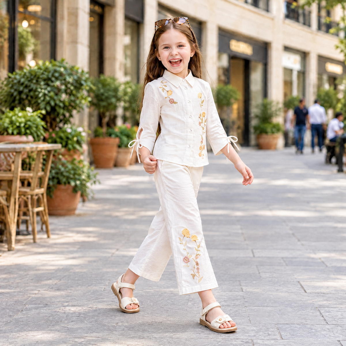 LILLYBELL-Girls Off-White Embroidered Shirt & Trousers Set