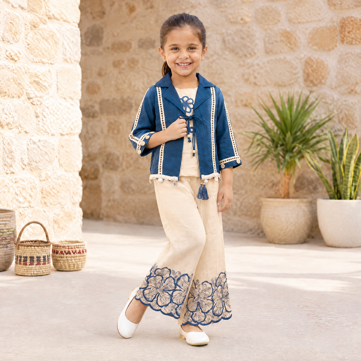 AIR RING-Kids Cream & Blue Printed Indo-Western Set
