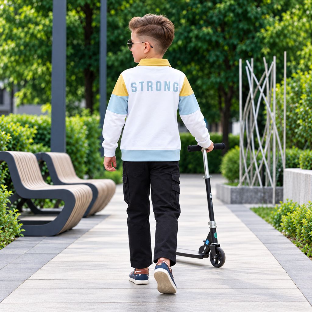 A-FIRST-Boy's Colorblock Polo Shirt & Black Trouser Casual Set
