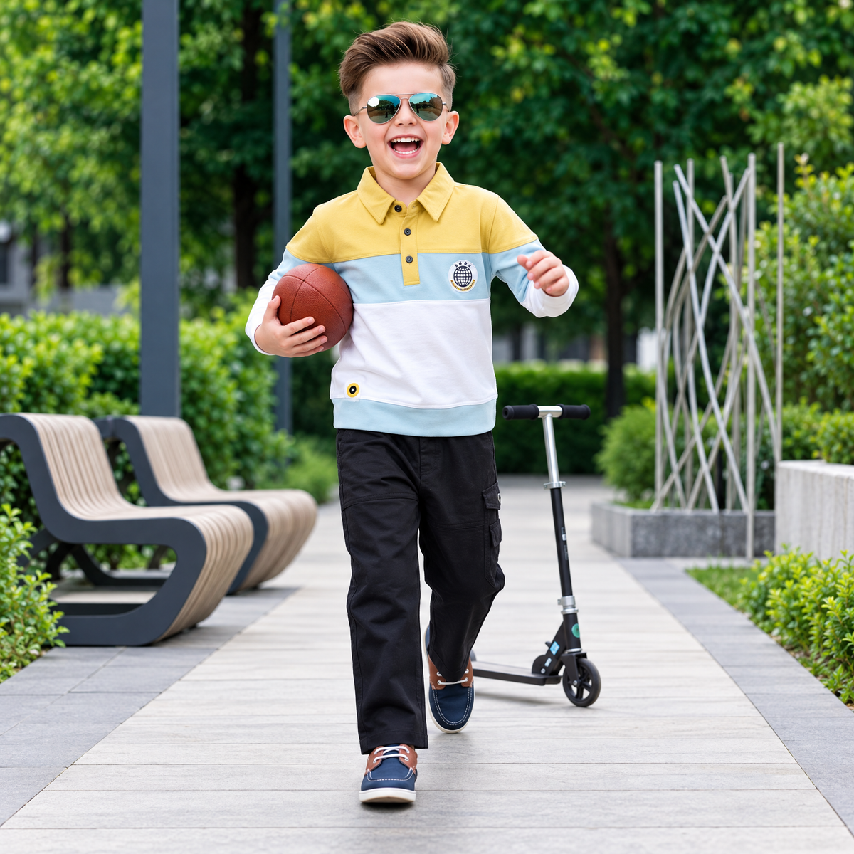 A-FIRST-Boy's Colorblock Polo Shirt & Black Trouser Casual Set