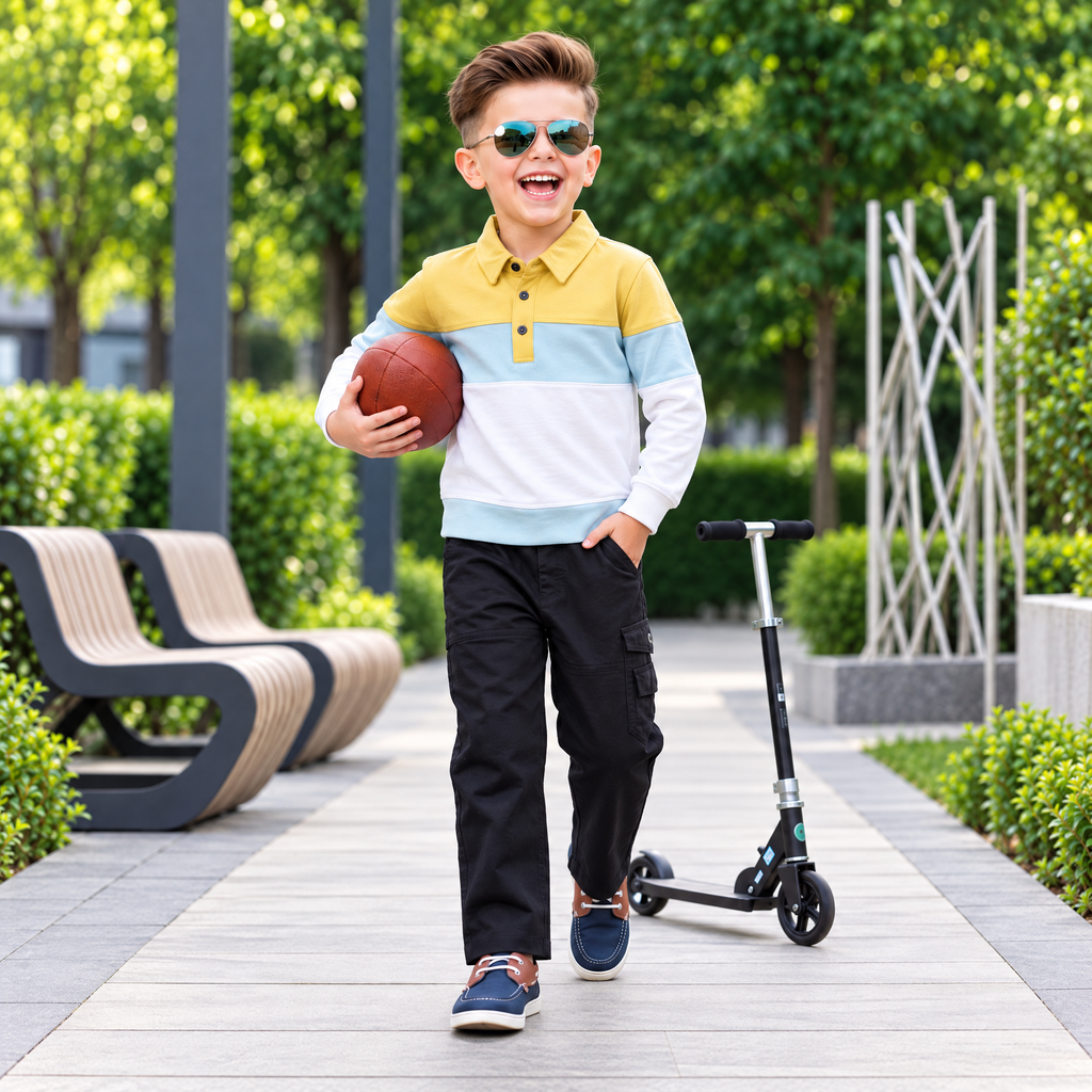 A-FIRST-Boy's Colorblock Polo Shirt & Black Trouser Casual Set