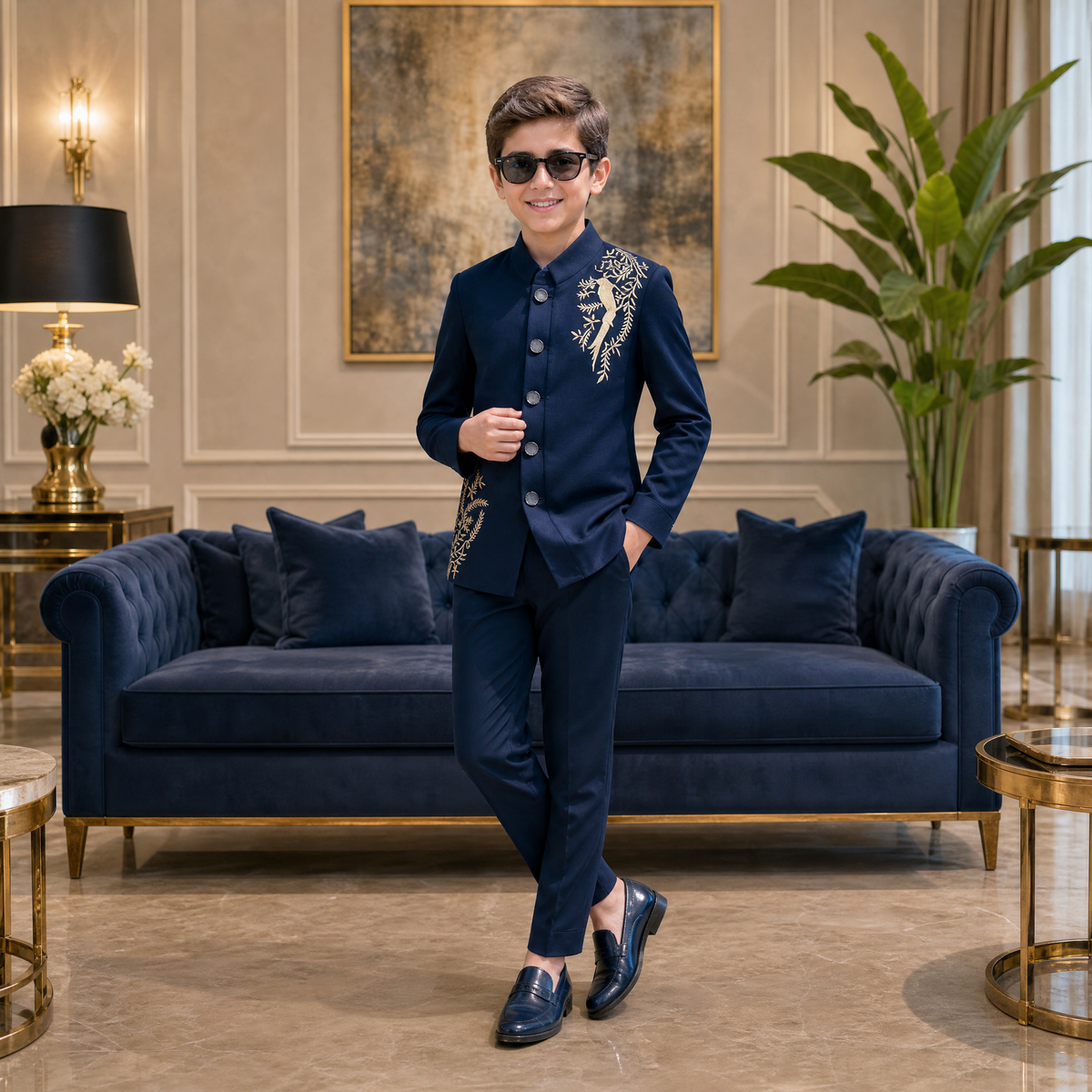 KARROM BOY-Boy's Royal Blue Self-Embroidered Party Wear Suit Set