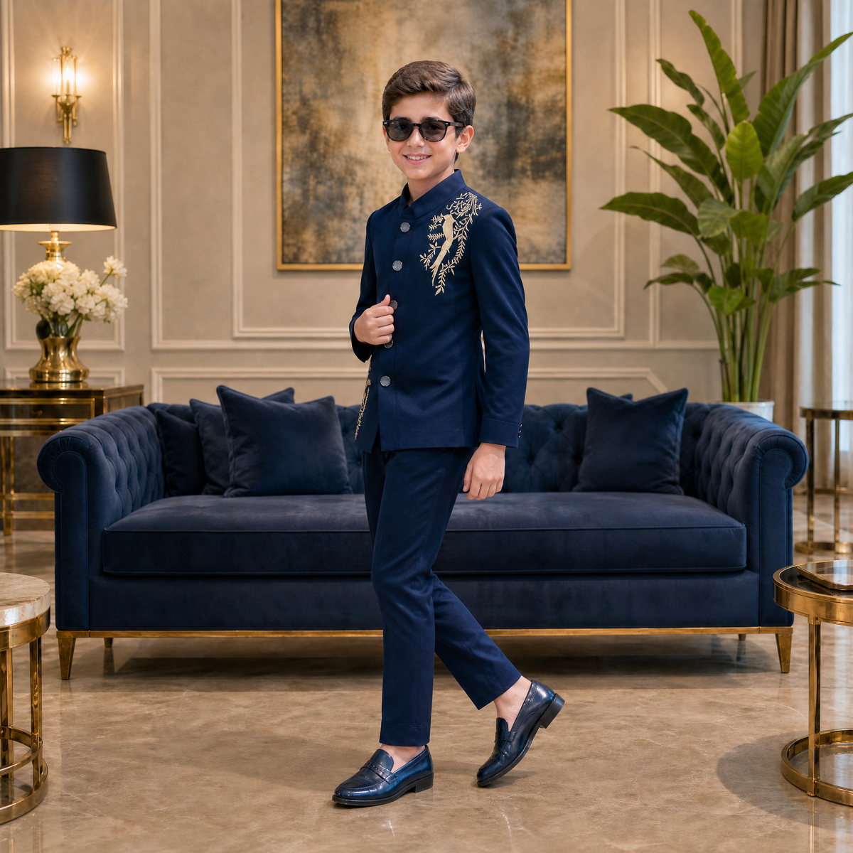 KARROM BOY-Boy's Royal Blue Self-Embroidered Party Wear Suit Set