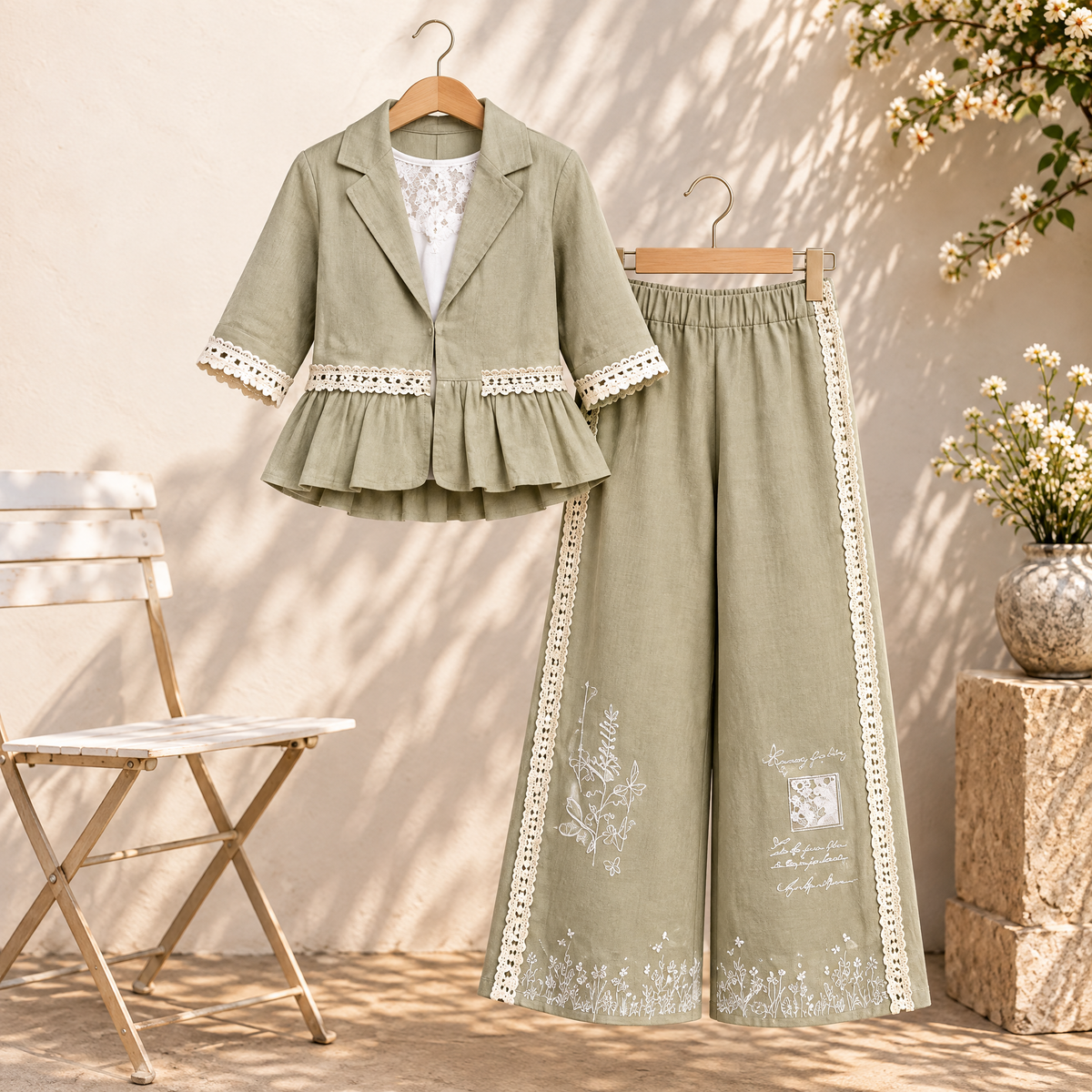 MINTGREEN-Girls Mint Green Floral Embroidered Co-Ord Set