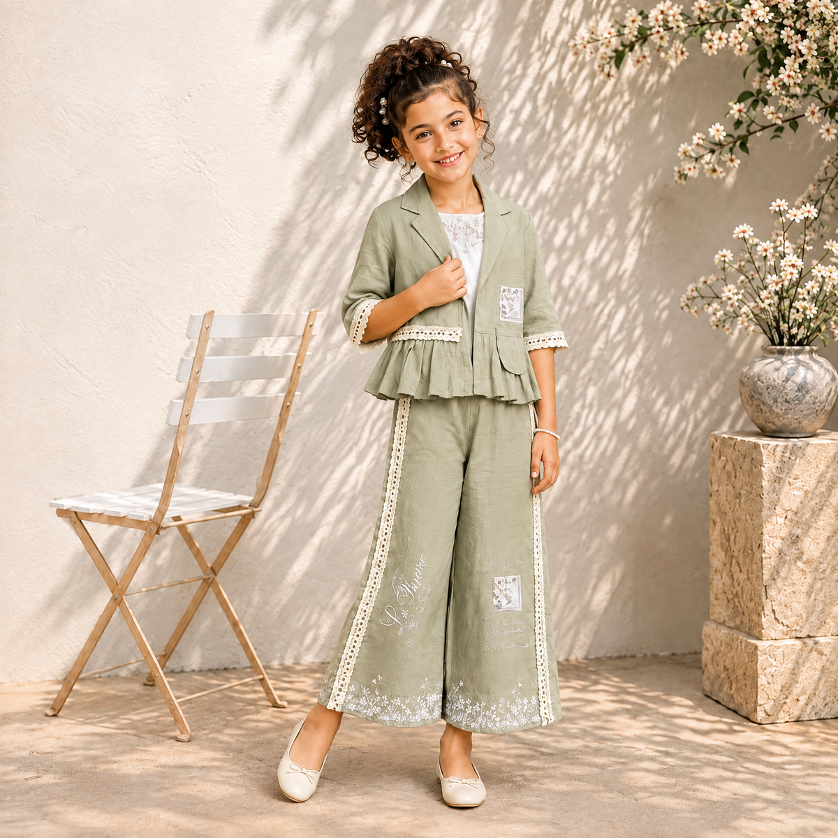 MINTGREEN-Girls Mint Green Floral Embroidered Co-Ord Set