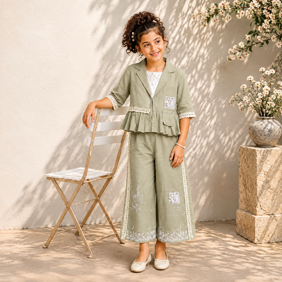 MINTGREEN-Girls Mint Green Floral Embroidered Co-Ord Set