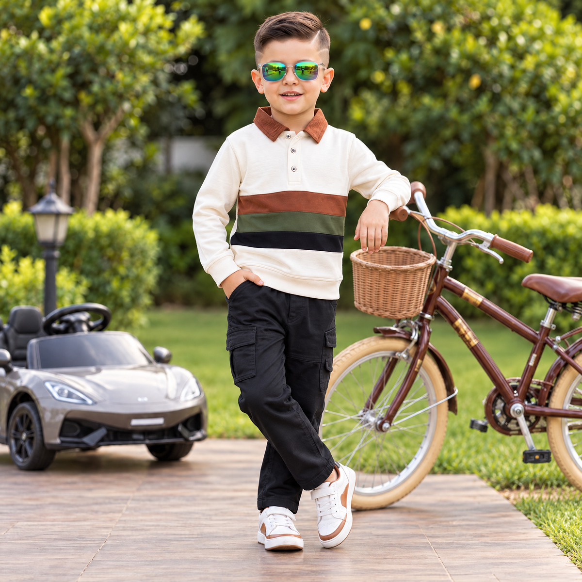 A-FIRST-Boy's Colorblock Polo Shirt & Black Trouser Casual Set