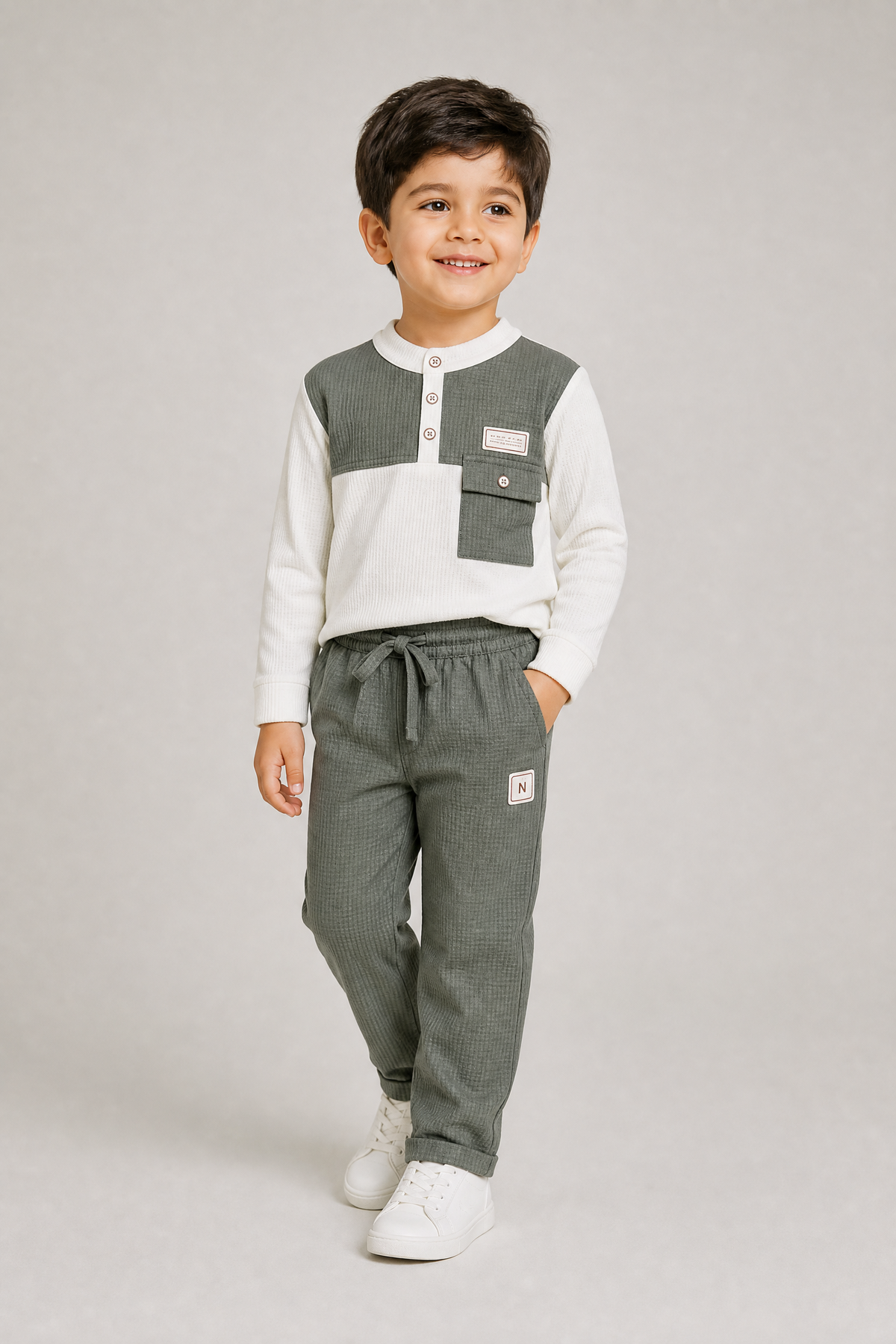 MG.GABBA-Kids White Hoodie & Olive Green Trousers Two-Piece Co-Ord Set
