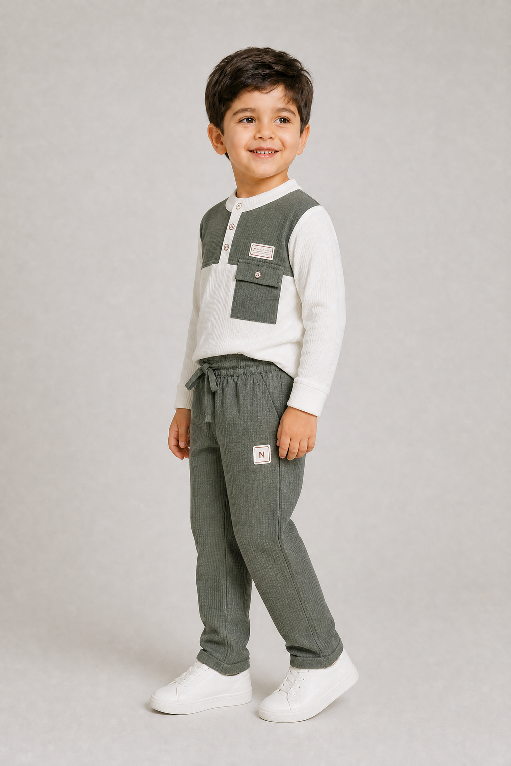 MG.GABBA-Kids White Hoodie & Olive Green Trousers Two-Piece Co-Ord Set