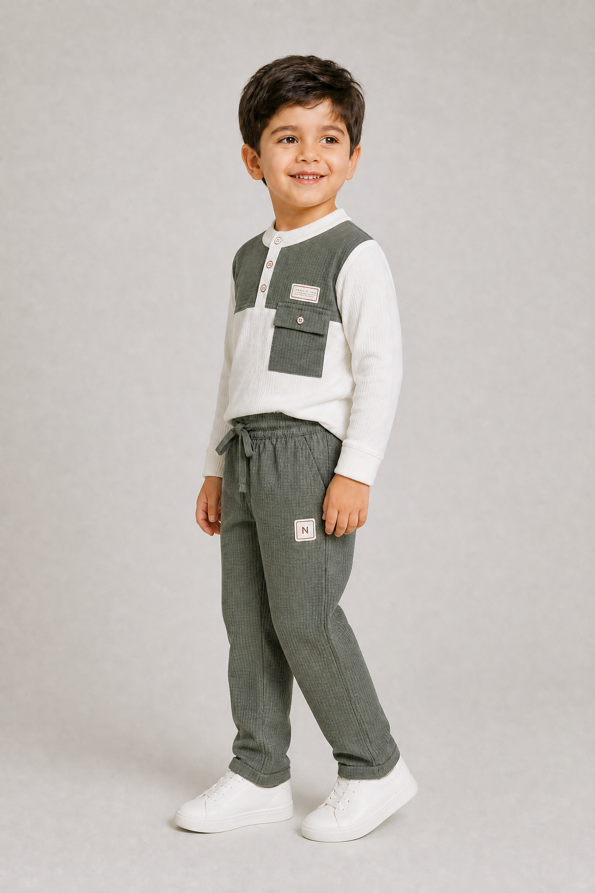 MG.GABBA-Kids White Hoodie & Olive Green Trousers Two-Piece Co-Ord Set