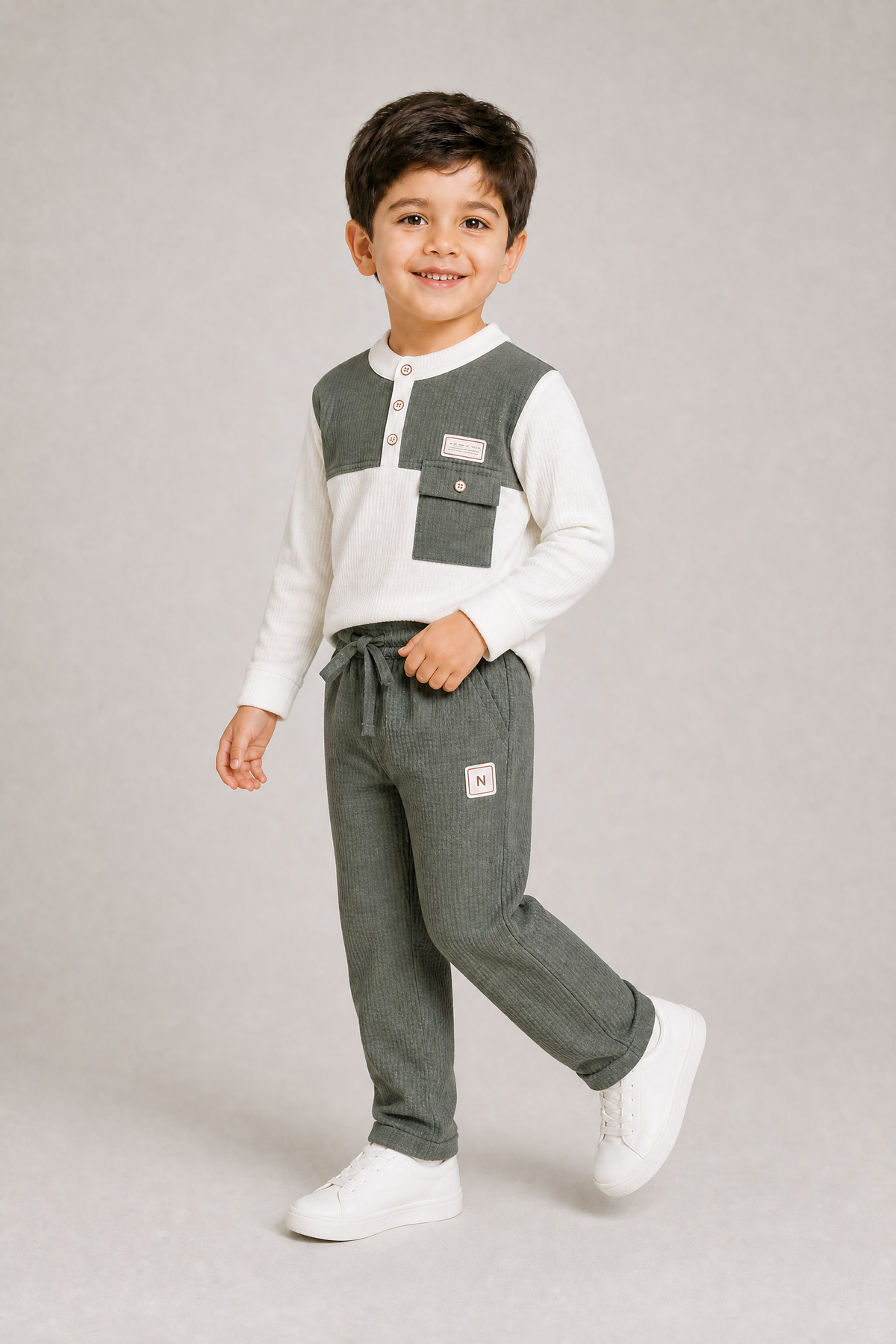 MG.GABBA-Kids White Hoodie & Olive Green Trousers Two-Piece Co-Ord Set