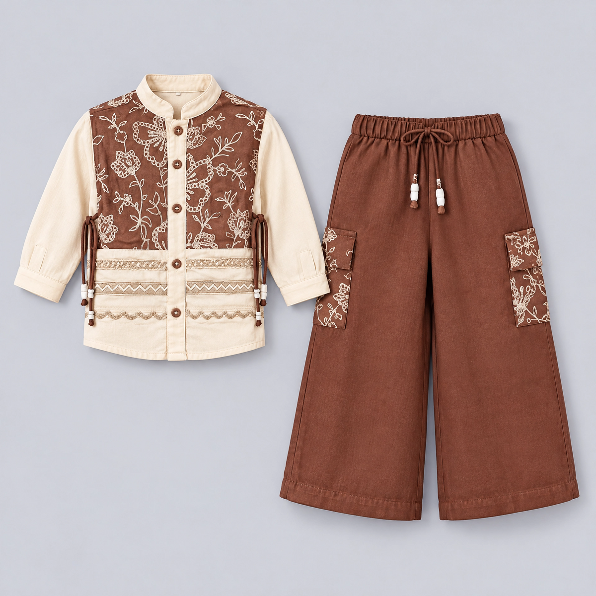 AIR RING-Girls Rust Brown & Off-White Indo-Western Trouser Set