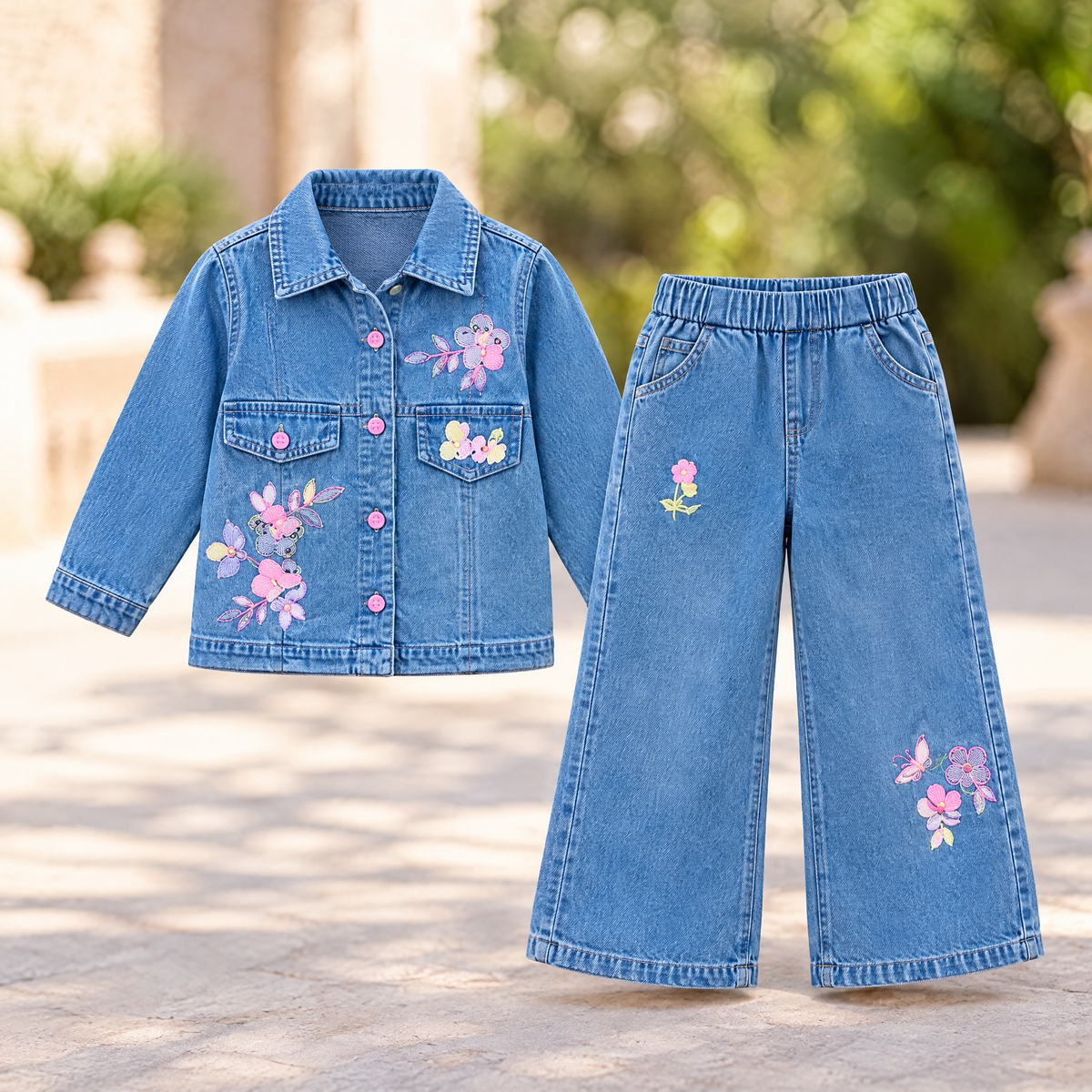 AIR RING-Girls Medium Blue Denim Jacket & Flare Pants Set