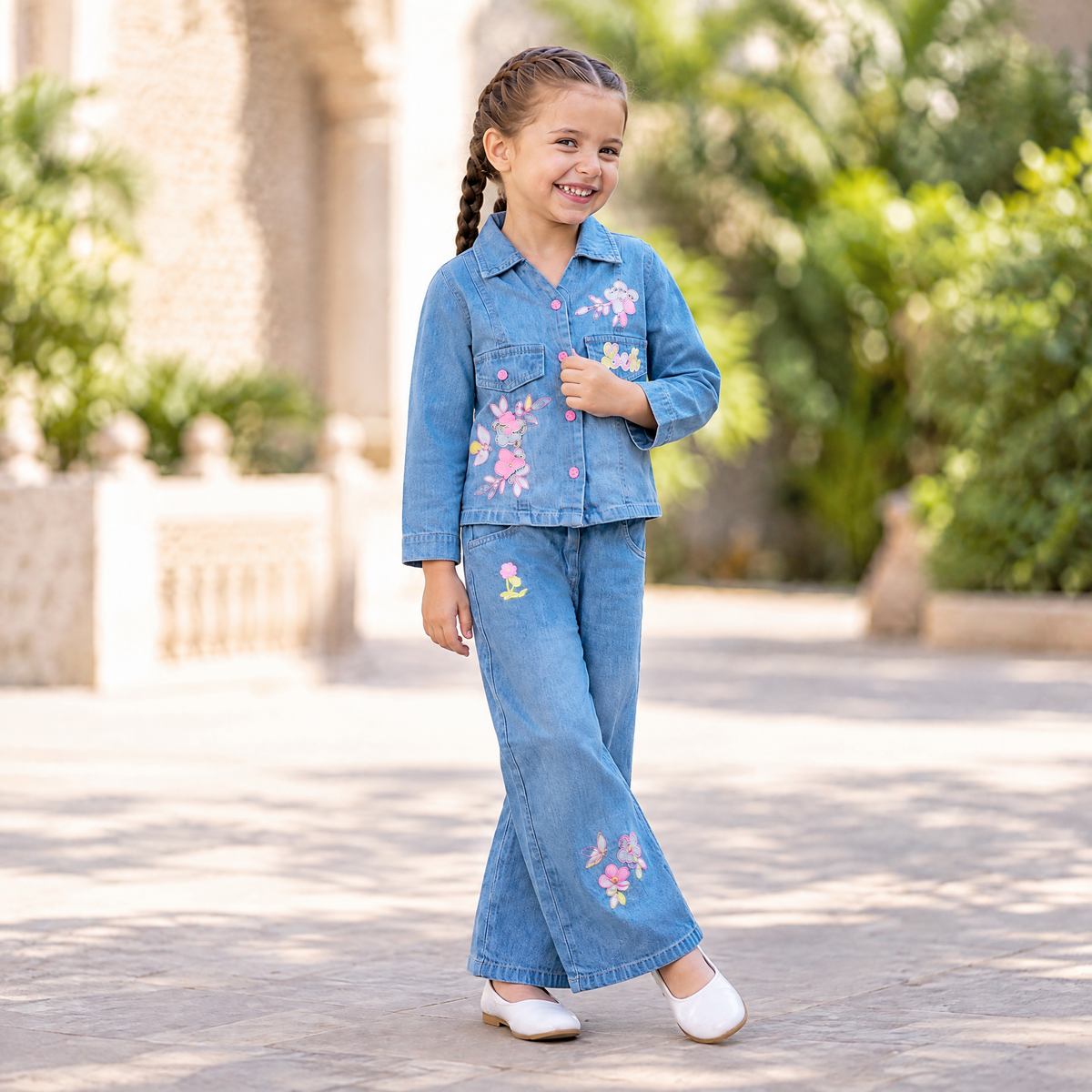 AIR RING-Girls Medium Blue Denim Jacket & Flare Pants Set