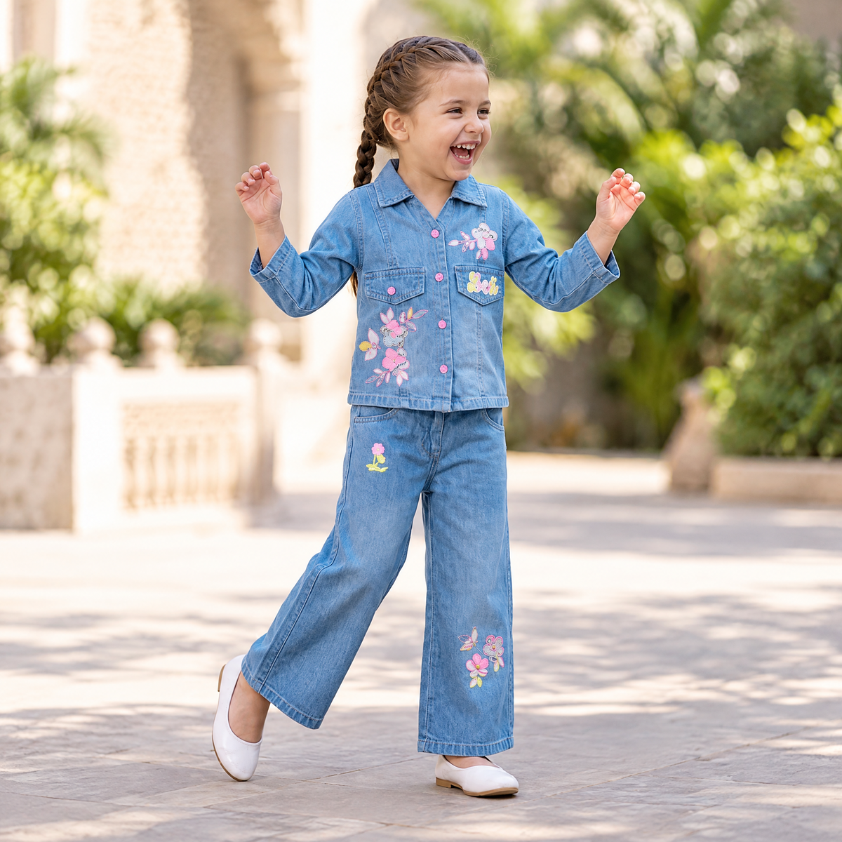 AIR RING-Girls Medium Blue Denim Jacket & Flare Pants Set