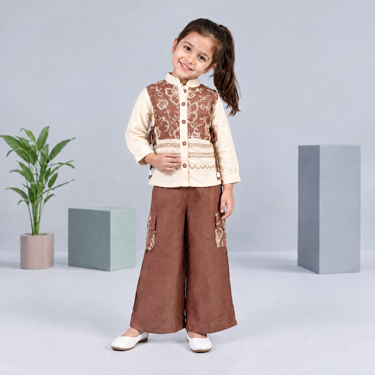 AIR RING-Girls Rust Brown & Off-White Indo-Western Trouser Set