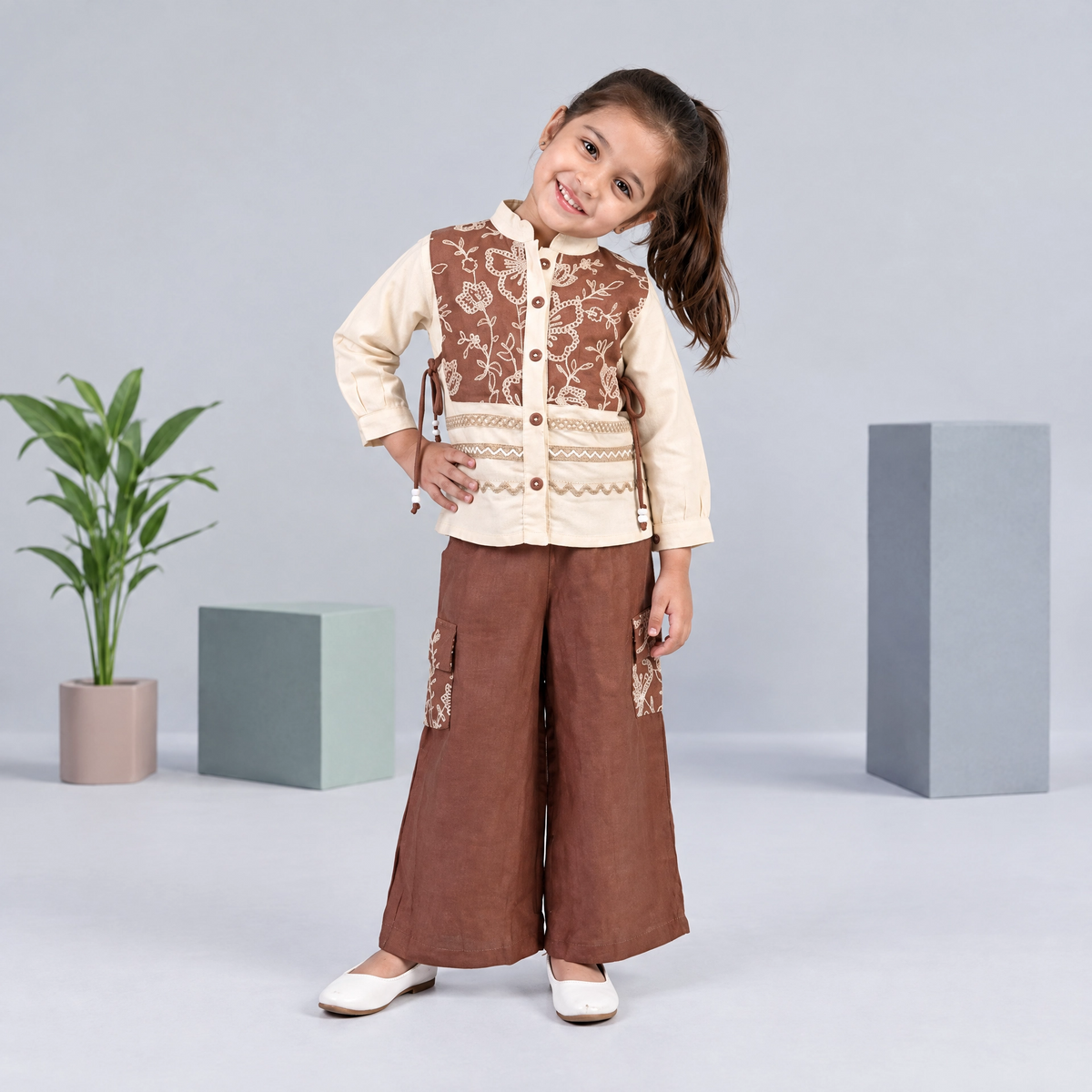AIR RING-Girls Rust Brown & Off-White Indo-Western Trouser Set
