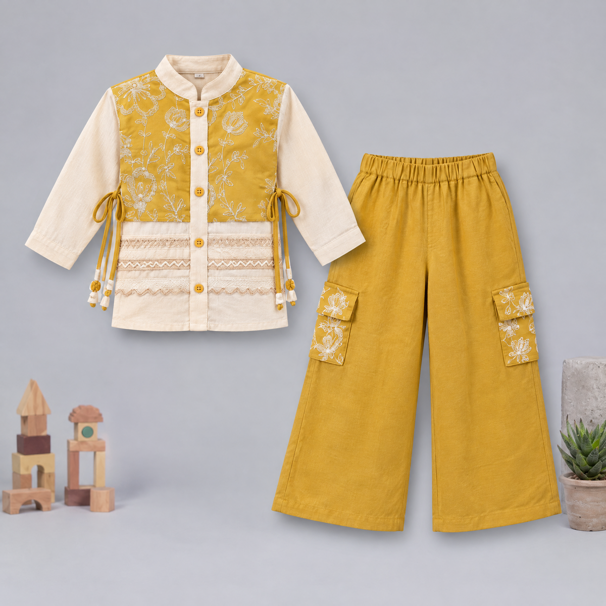 AIR RING-Kids Yellow & Cream Ethnic Indo-Western Outfit
