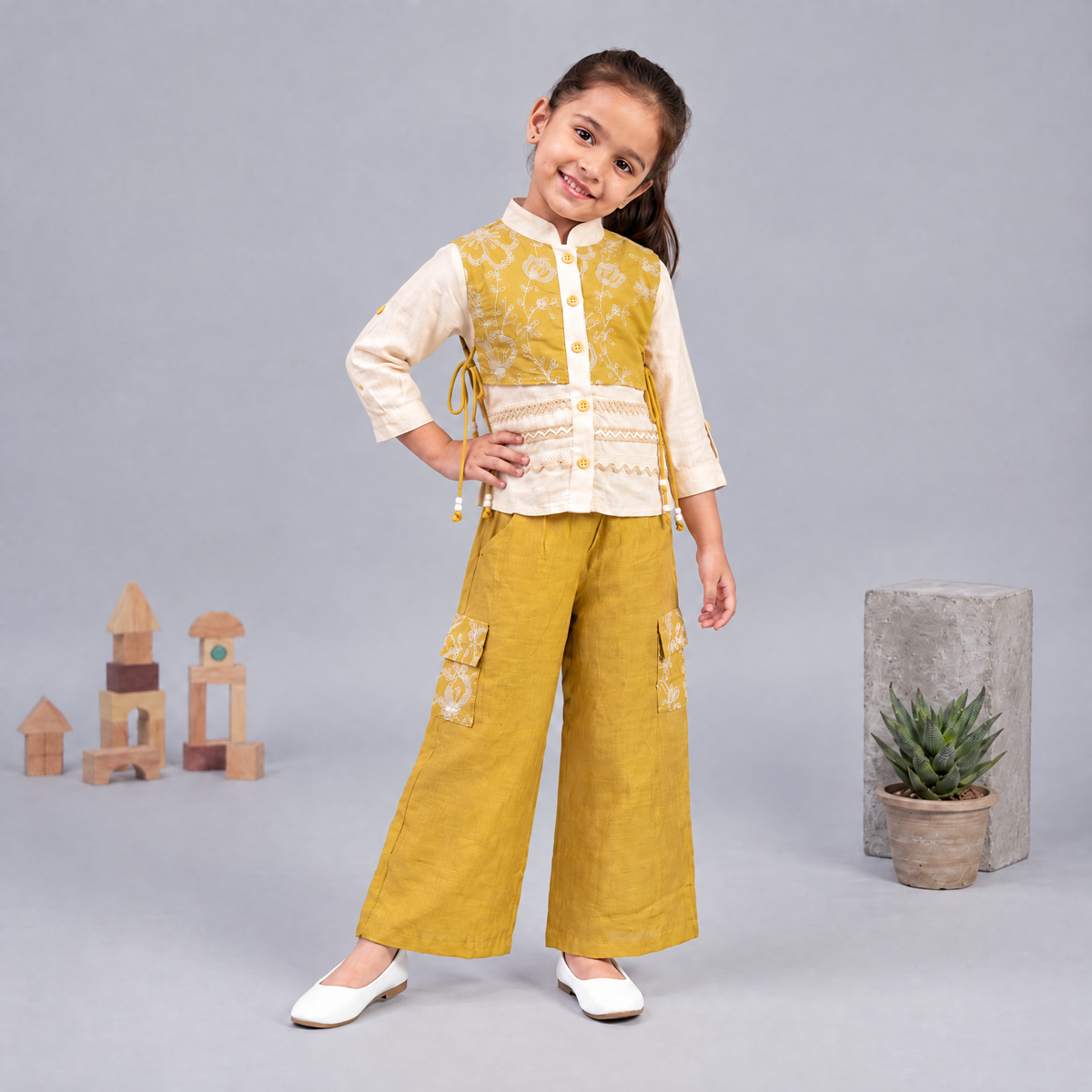 AIR RING-Kids Yellow & Cream Ethnic Indo-Western Outfit