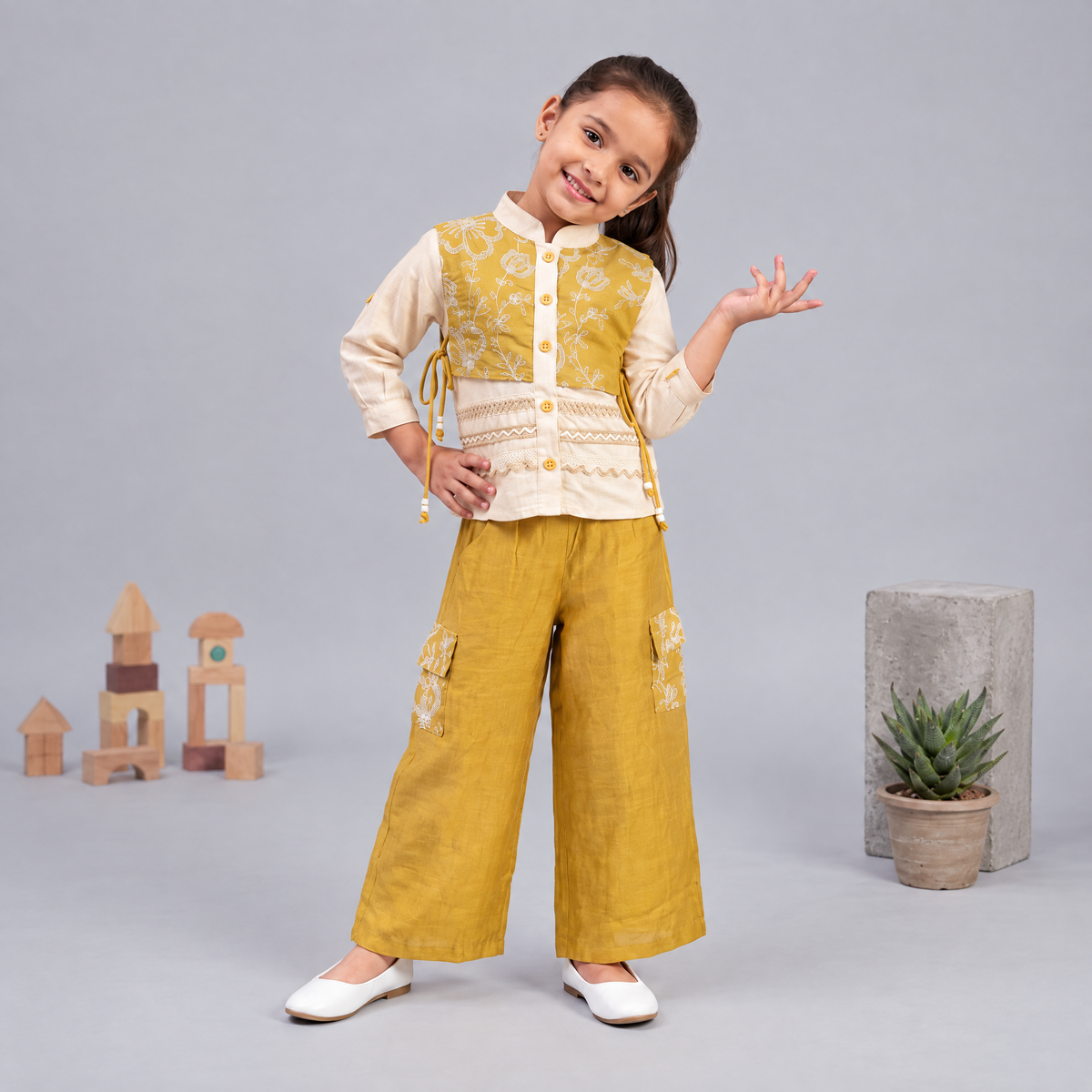 AIR RING-Kids Yellow & Cream Ethnic Indo-Western Outfit