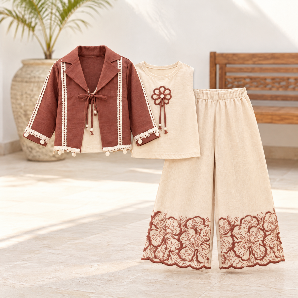 AIR RING-Girls Off-White Sharara Set with Maroon Embroidered Jacket