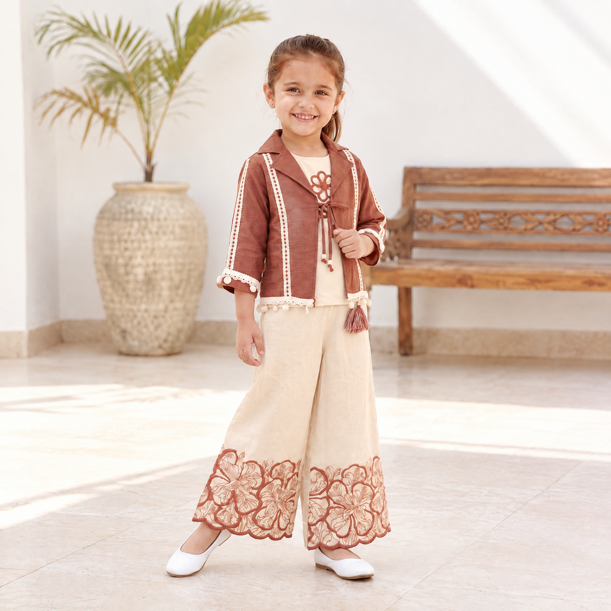 AIR RING-Girls Off-White Sharara Set with Maroon Embroidered Jacket
