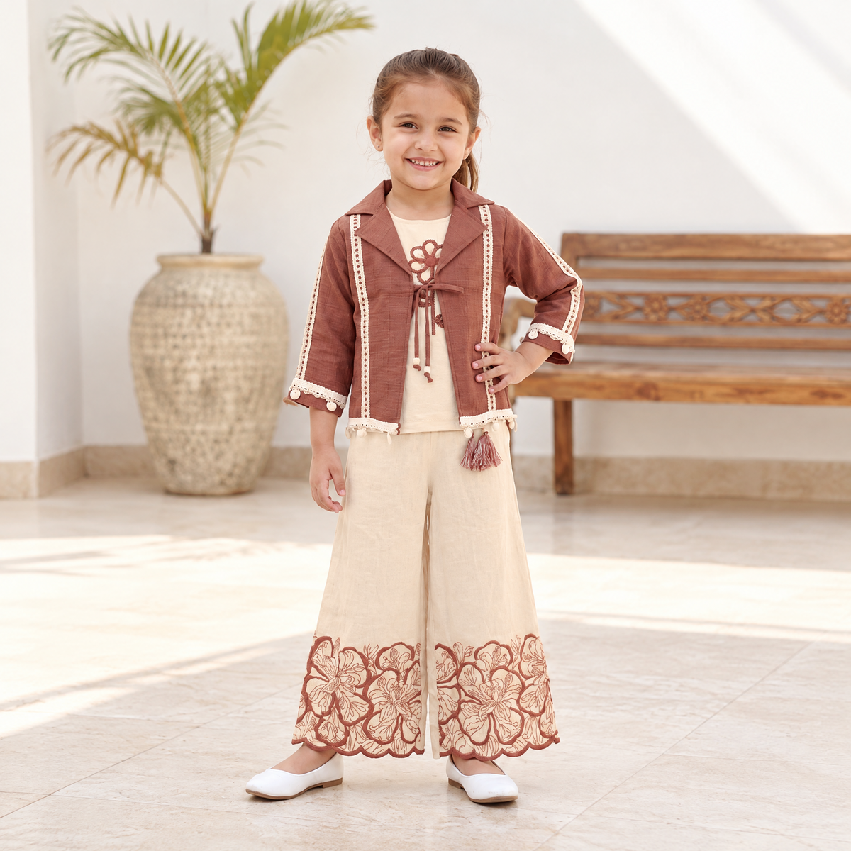 AIR RING-Girls Off-White Sharara Set with Maroon Embroidered Jacket