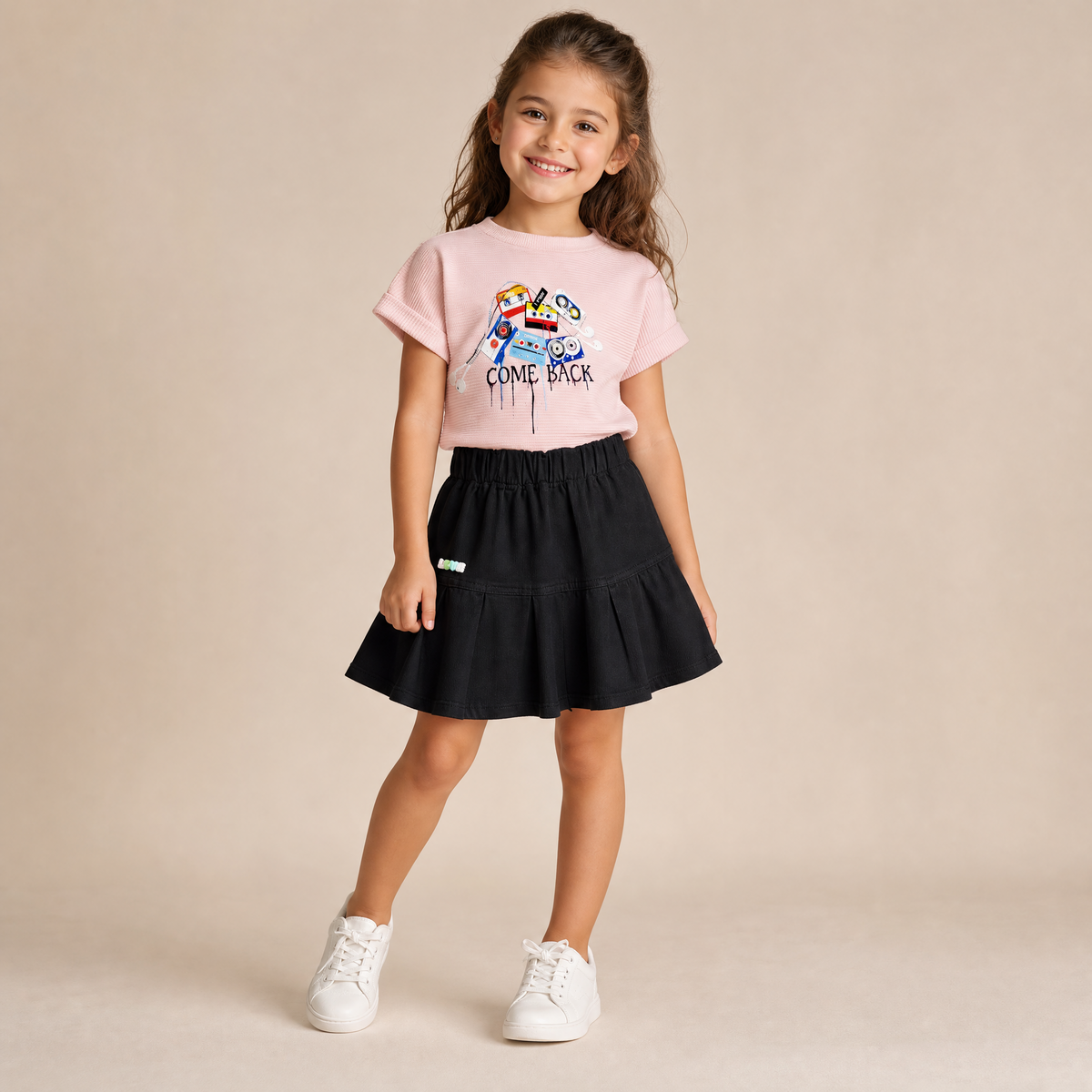 SANJI-Girls Pink Graphic T-Shirt & Black Pleated Skirt Set