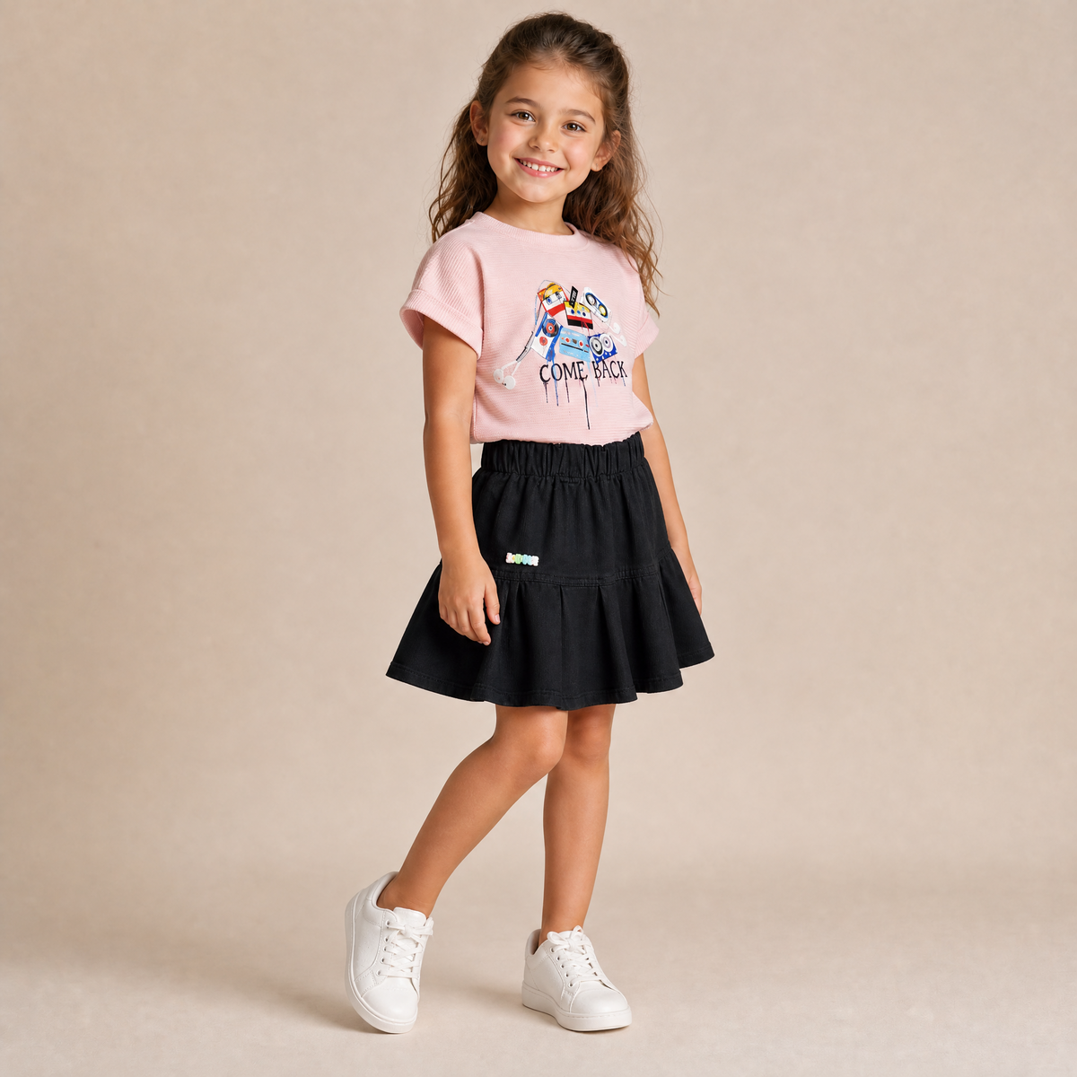 SANJI-Girls Pink Graphic T-Shirt & Black Pleated Skirt Set