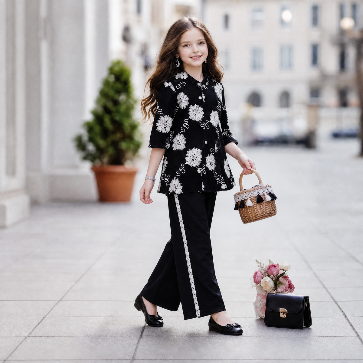 SWEET SIXTEEN-Black Floral Embroidered Co-Ord Set for Girls