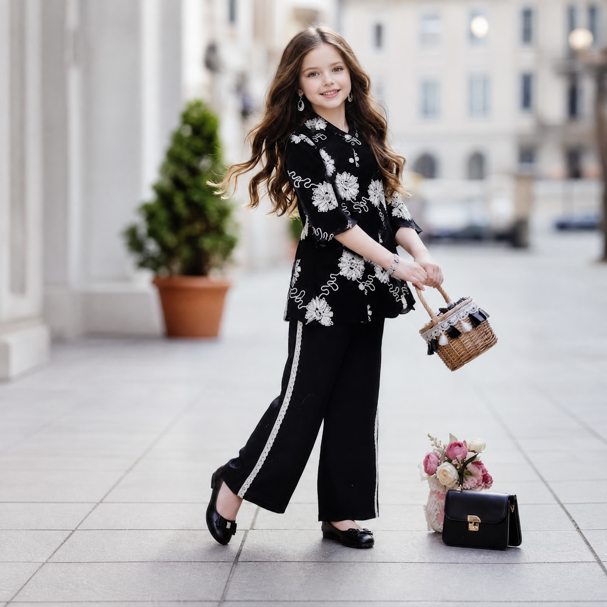 SWEET SIXTEEN-Black Floral Embroidered Co-Ord Set for Girls