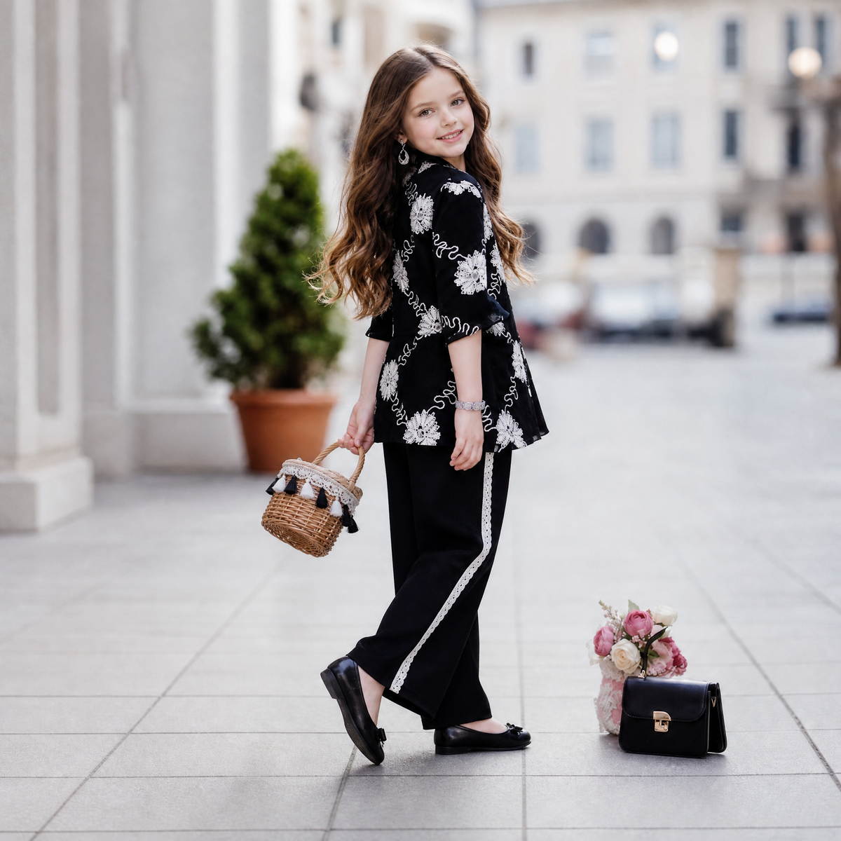 SWEET SIXTEEN-Black Floral Embroidered Co-Ord Set for Girls