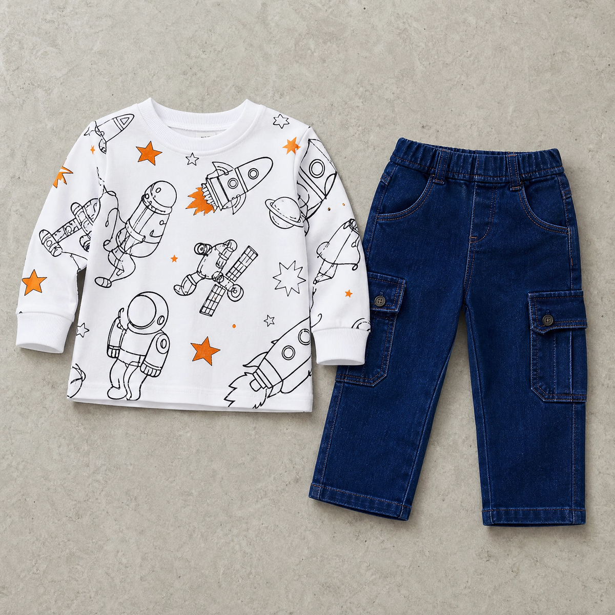 CHOO-CHOO-Kids White Graphic Top & Dark Blue Trousers Co-Ord Set