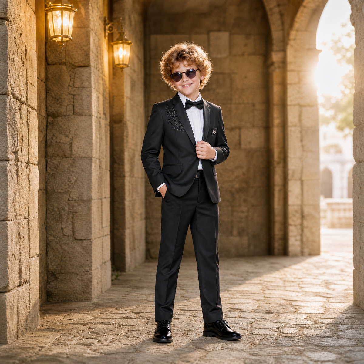 KARROM BOY-Boy's Black Formal Tuxedo Suit Set with Bowtie