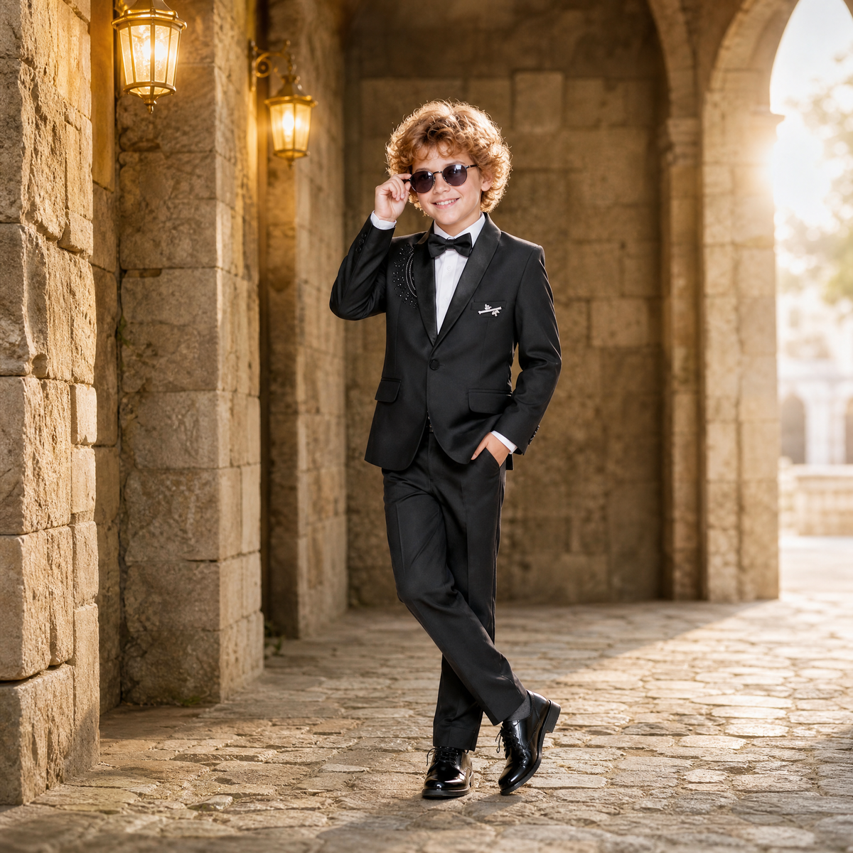 KARROM BOY-Boy's Black Formal Tuxedo Suit Set with Bowtie
