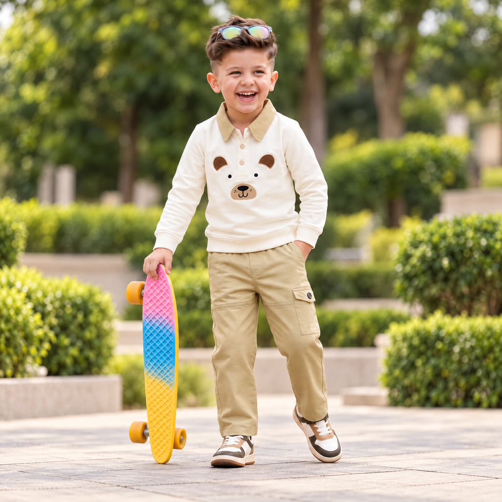 A-FIRST-Boy's Brown Full T-shirt & Beige Trouser Casual Set