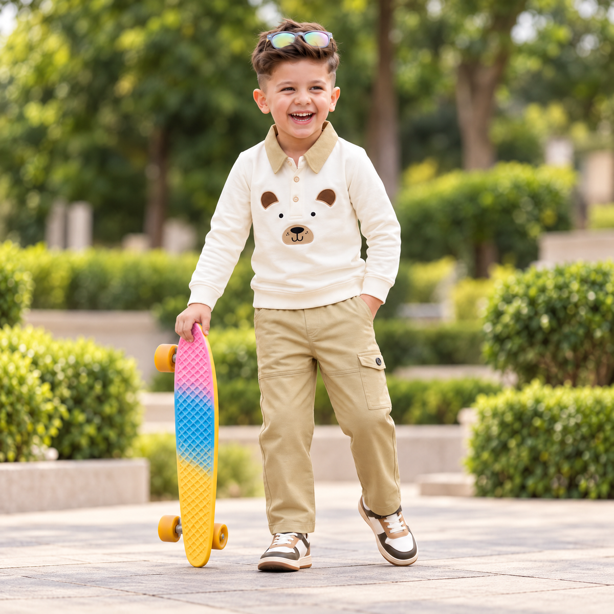 A-FIRST-Boy's Brown Full T-shirt & Beige Trouser Casual Set