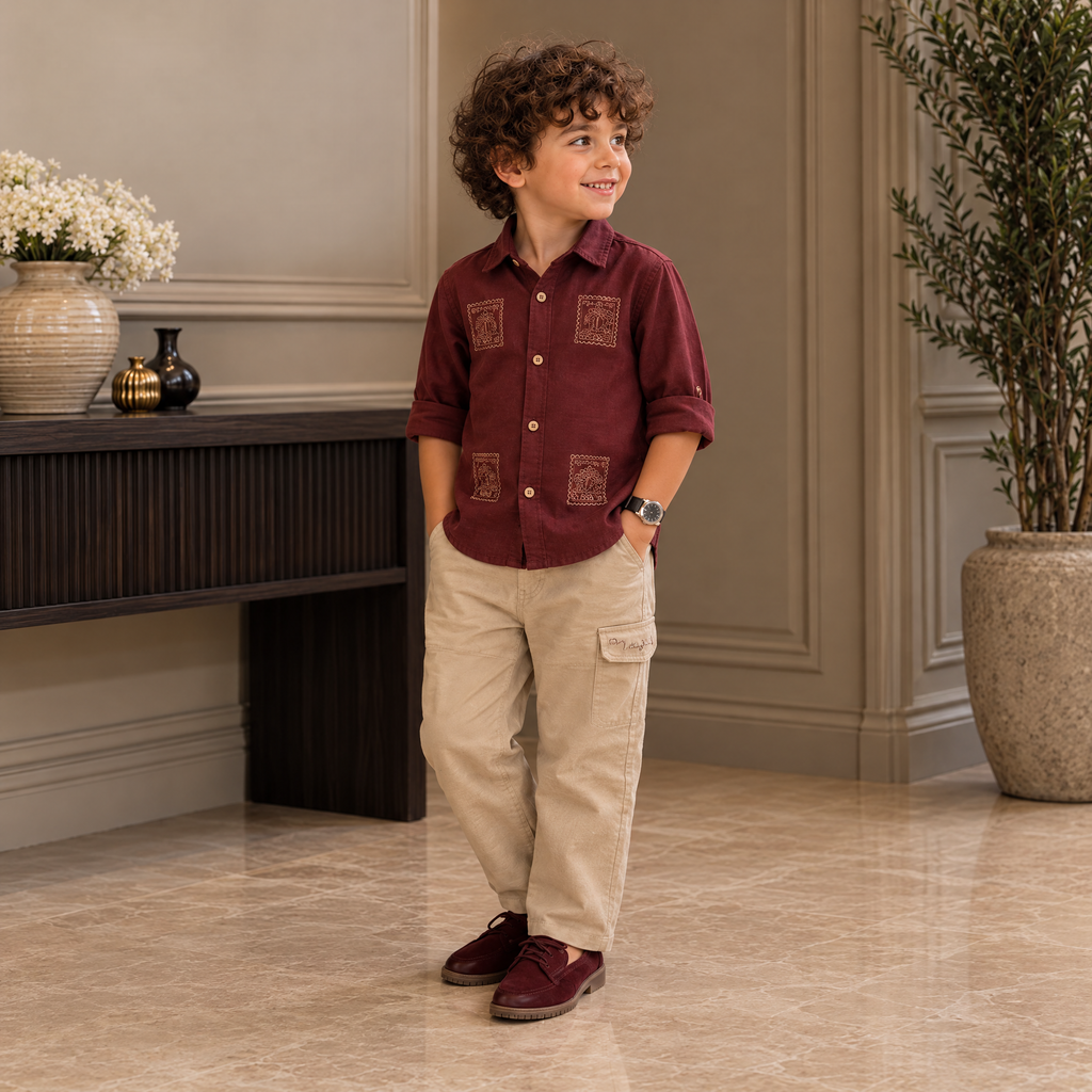 WHITE ALMOND-Child's Wine Shirt with Brown Pants 2-Piece Set
