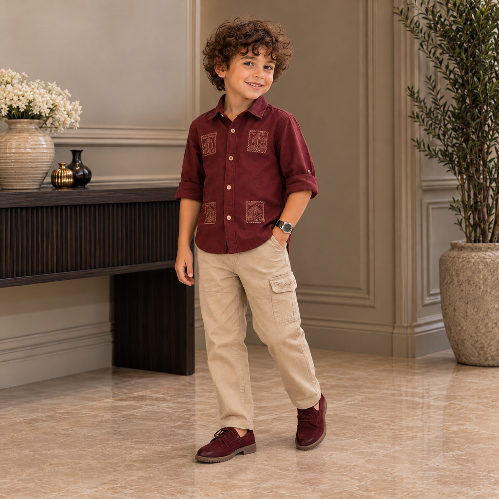 WHITE ALMOND-Child's Wine Shirt with Brown Pants 2-Piece Set