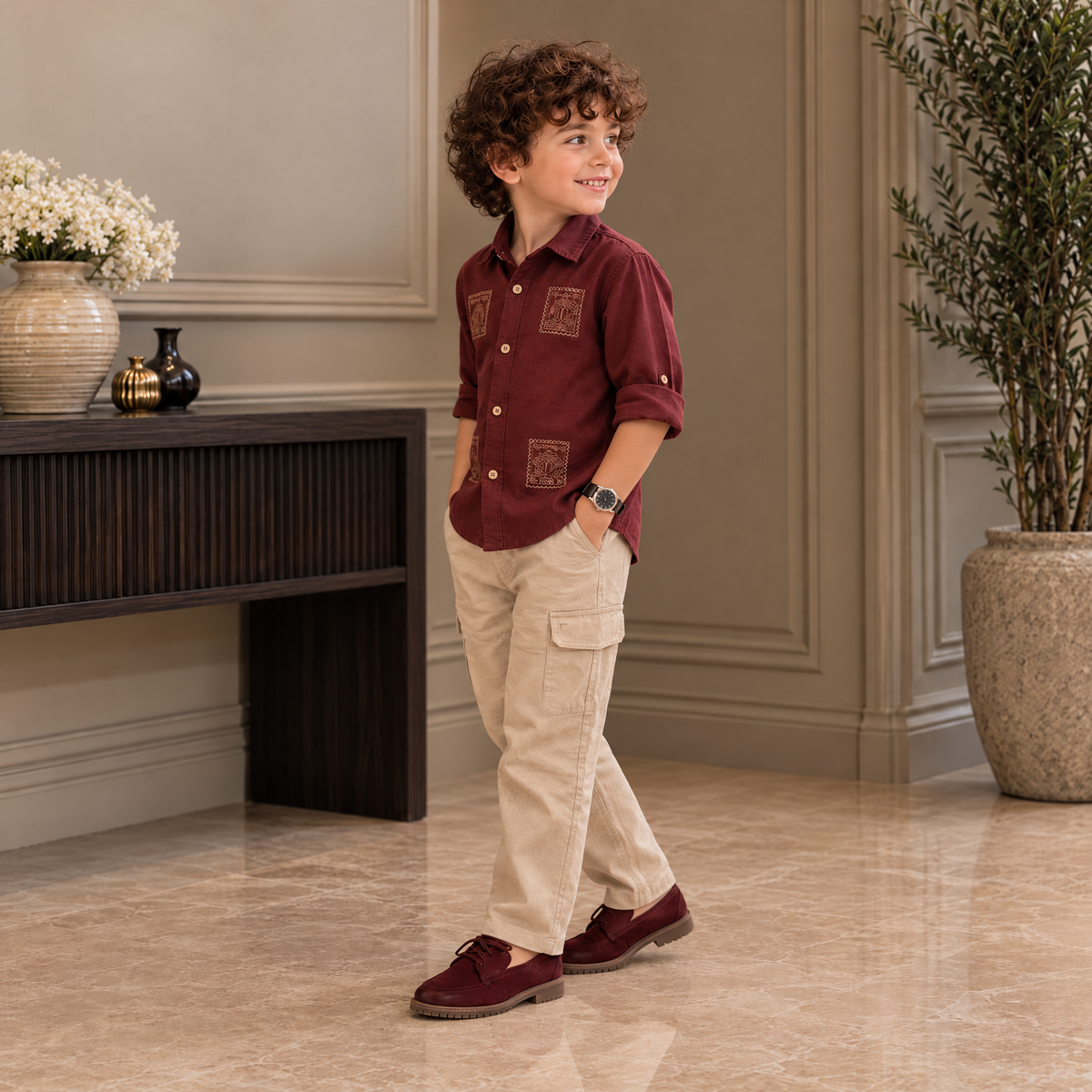 WHITE ALMOND-Child's Wine Shirt with Brown Pants 2-Piece Set