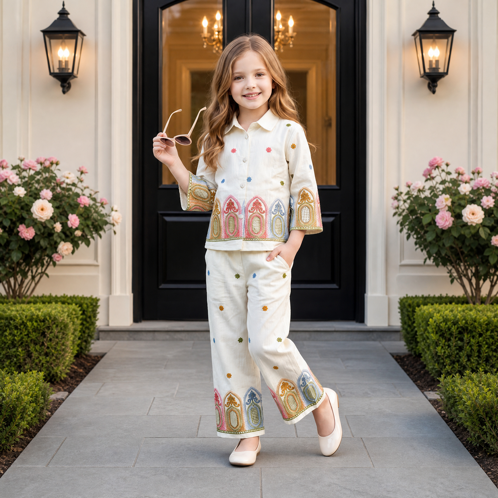 ANGEL,S-Girls White Long Sleeve Top & Floral Print Pants Two-Piece Co-Ord Set