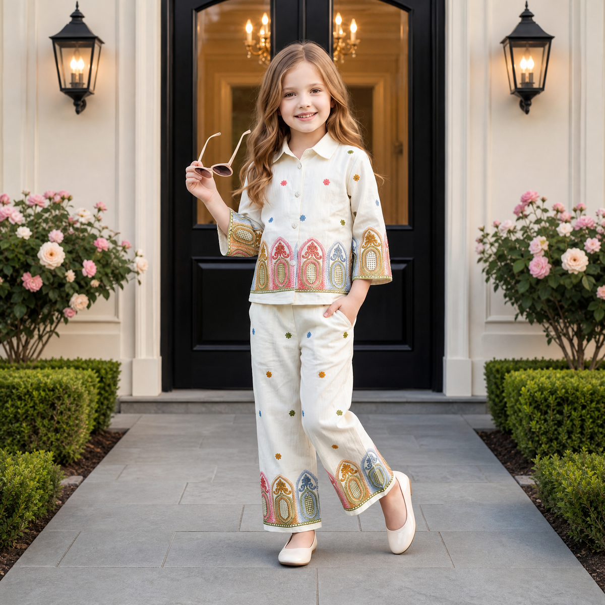 ANGEL,S-Girls White Long Sleeve Top & Floral Print Pants Two-Piece Co-Ord Set