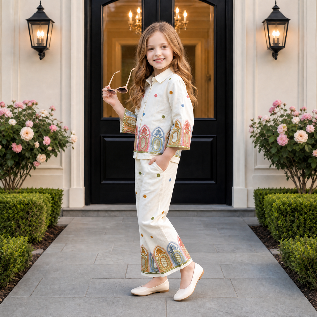 ANGEL,S-Girls White Long Sleeve Top & Floral Print Pants Two-Piece Co-Ord Set
