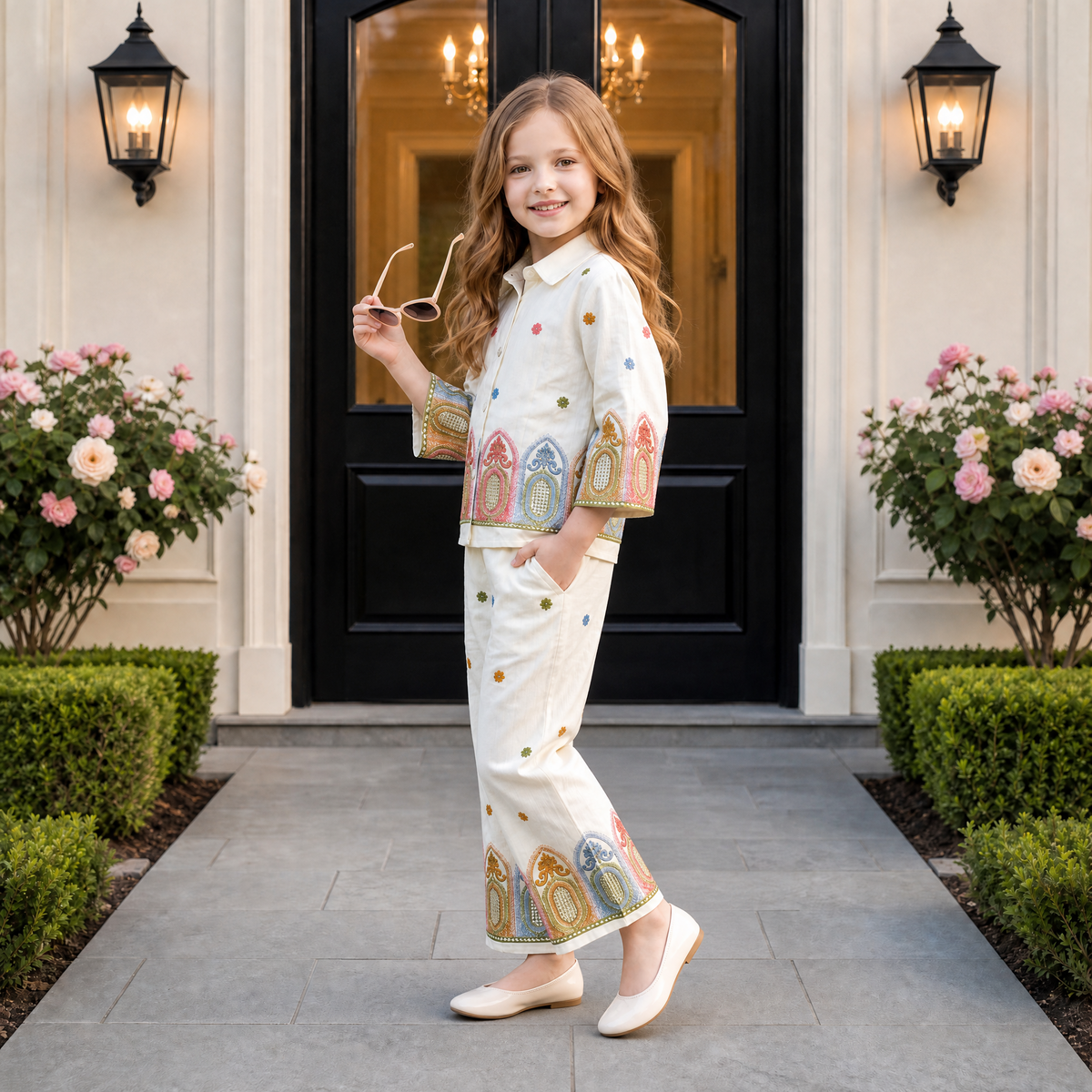 ANGEL,S-Girls White Long Sleeve Top & Floral Print Pants Two-Piece Co-Ord Set