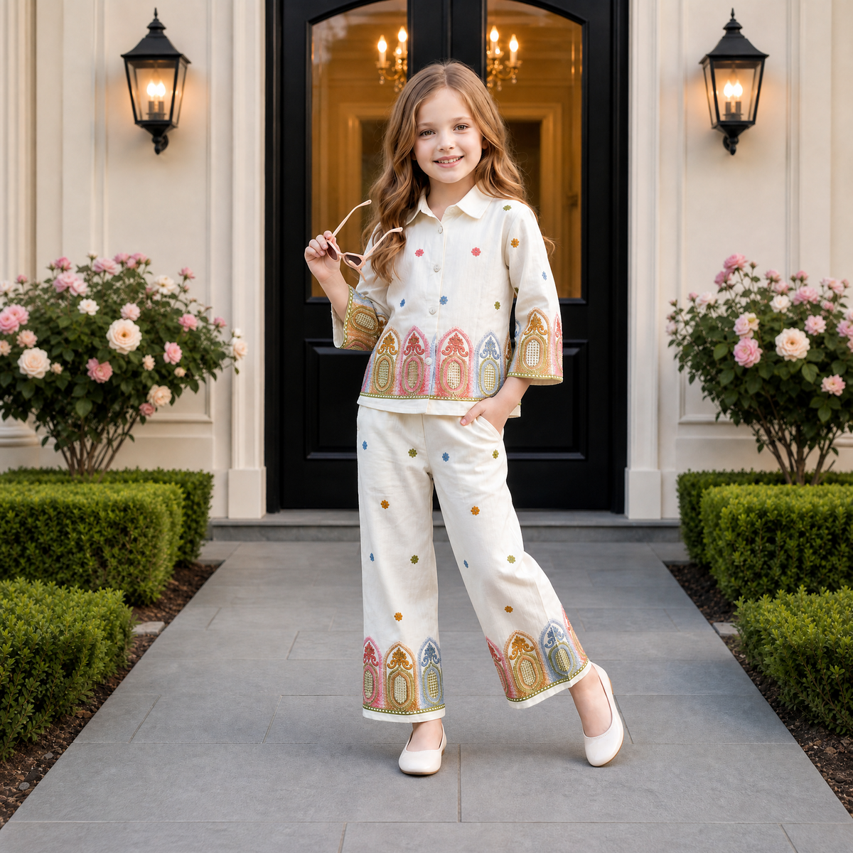 ANGEL,S-Girls White Long Sleeve Top & Floral Print Pants Two-Piece Co-Ord Set